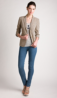 DKNY Striped Button Jacket with Sequin Anchor Tank and Pull On Legging with Slingback Wedge (dkny.com)