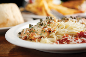 Blue Ridge Grill: Chicken piccata partners with angel hair noodles and a robustly tomato ragout. Blue Ridge Grill:Chicken piccata partners with angel hair noodles and a robustly tomato ragout.