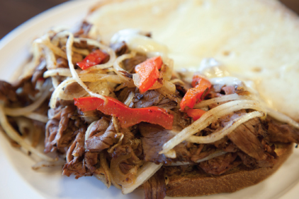 Open-faced pork tapenade hummus sandwich Open-faced pork tapenade hummus sandwich