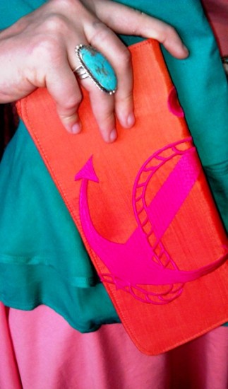 Nautical and almost neon, this cool silk clutch with embroidered anchor, just $42 and also available in turquoise, is classic and trendy at the same time. (Photo: Betsey)