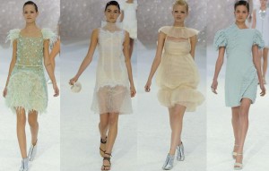 Chanel Spring 2012 Dense ruffles portray coral reefs, soft texture evoke waves of water and ensembles are finsihed with seashell accessories. (Photo courtesy: style.com)