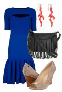 Alexander McQueen fishtail dress, $525, farfetch.com; Coral branch earring, $14, needsupply.com; Looking BoHo in NoHo bag, $40, modcloth.com; Calvin Klein Qammie, $119, zappos.com. (Photo courtesy: polyvore.com)