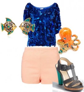 Scaled Back Tropical fish studs, $48, juicycouture.com; Foley & Corinna paillette-embellished chiffon top, $136, theoutnet.com; High-waisted hotpants, $56, topshop.com; Calvin klein sandals Bea T strap color block, $139, Bloomingdales.com; Rita’s orange octopus and fish cocktail ring, $40, fantasyjewelrybox.com. (Photo courtesy: polyvore.com)