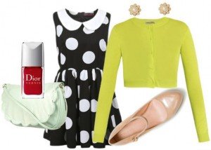 Block Dots Peter Pan Collar Dress, $47.90, romwe.com; Tomas Maier, $562, matchesfashion.com; Mary Jane Court Shoe, $69.90, zara.com; Sweet Zinnia Crystal Studs, $78, katespade.com; Dior New Dior Vernis Nail Lacquer in Red Royalt, $23, lordandtaylor.com; Leather Scallop Cross Body Bag, $64, us.topshop.com (Photo courtesy: polyvore.com)