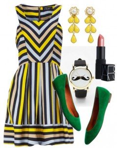 Multi Stripe Square Neck Dress, $27, us.dorothyperkins.com; The Suede Sidewalk Skimmer, $98, madewell.com; Kate Spade New York Sweet Zinnia Chandelier Earrings, $69.99, couture.zappos.com; Mustache Watch, $29, urbanoutfitters.com; NARS Lipstick in Pago Pago, $24, bloomingdales.com (Photo courtesy: polyvore.com)