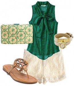 Women’s Printed Bow-Tie Chiffon Top, $19.99, oldnavy.gap.com; Blanca Lace Short, $99, calypsostbarth.com; Tory Burch "Miller" Thong Sandals, $195.00, bloomingdales.com; Bamboo Bruna Clutch, $195, calypsostbarth.com; Wrap Strap Bracelet, $50, oasis-stores.com (Photo courtesy: polyvore.com)