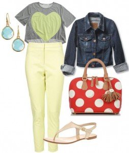 Curve Seam Cigarette Trousers in Lemon, $76, us.topshop.com; Laugh Cry Repeat heart Tee, $66, madewell.com; Easter 81 Jacket, $52.15, quicksilver.com; The Polka Dots Collection, $295, brahmin.com; Sprouls Sandals, $60, aldoshoes.com; Serenity Small Stone Drops, $34, stelladot.com (Photo courtesy: polyvore.com)
