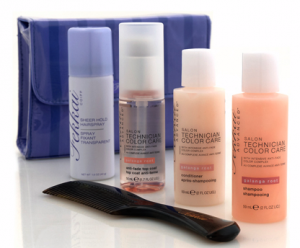 Picture 1 Fekkai Salon Technician Color Care product kit includes shampoo, conditioner, anti-fade top coat, travel-size sheer hold hairspray and mini comb, all in a little travel bag for $43. (Photo courtesy: 3floz.com)