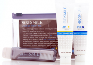 Picture 2 Go Smile's portable Jet Set Travel Kit includes aromatherapy-enriched AM and PM Toothpastes and a travel toothbrush, packaged in a chic and functional zippered bag all for only $12. (Photo courtesy: 3floz.com)