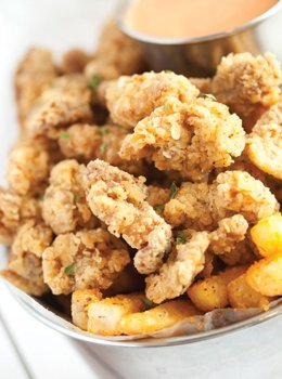 Alligator bites bundled with spiced French fries 