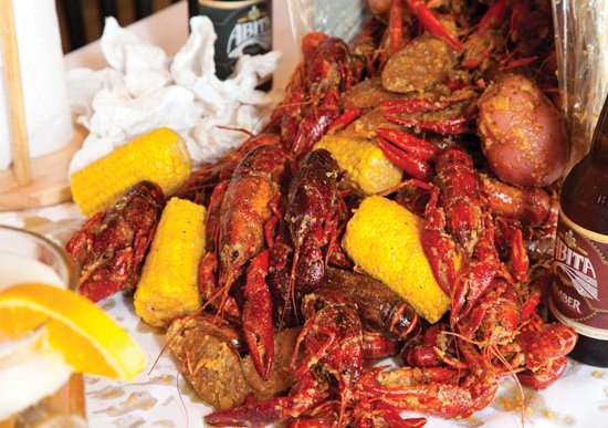 A bag of joy: crawfish, corn, potatoes and sausage.