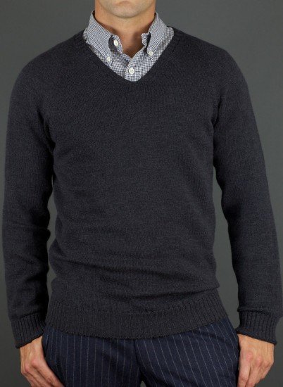 Charcoal Grey V-Neck Merino Wool Sweater, $250; wolfvsgoat.com (Photo courtesy of Wolf vs. Goat)