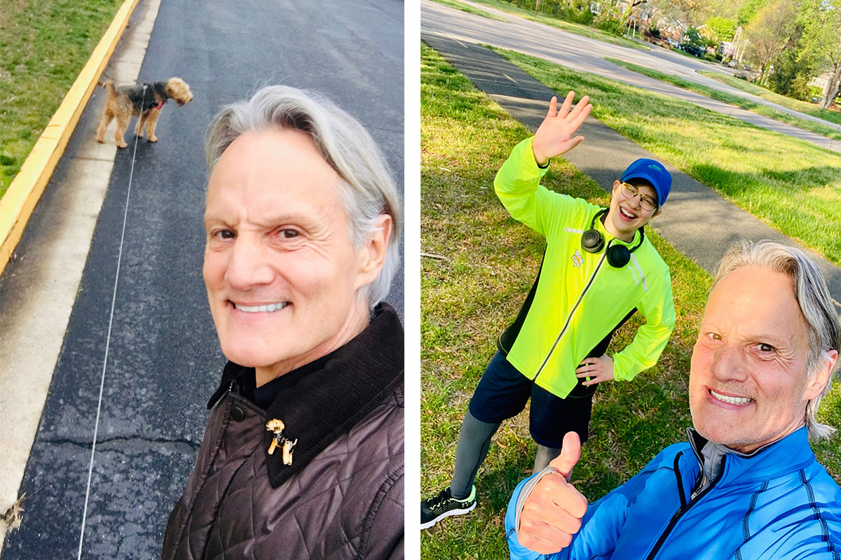 Monte Durham with his dog and a man in green