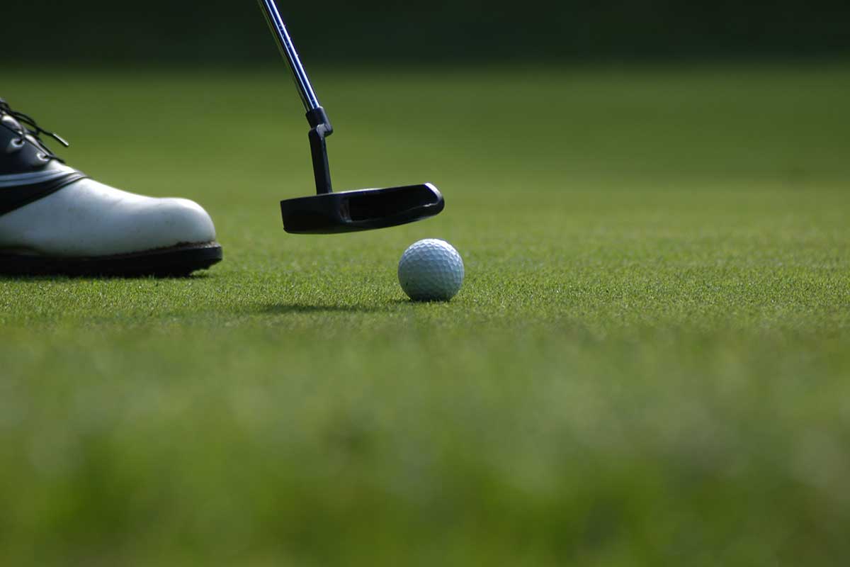 golf club with golf ball on green grass with golf shoe